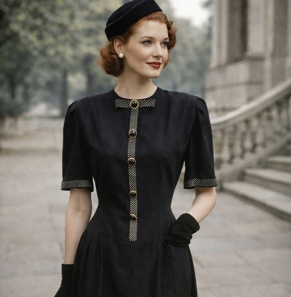 Elegant Black Vintage Dress with Polka Trim.  Classic Classy